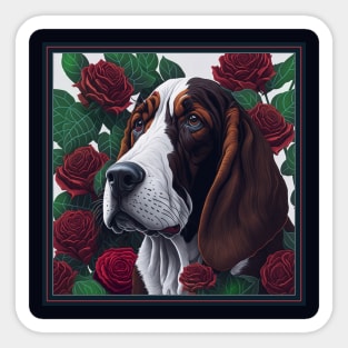 Basset Hound red roses 2 Sticker